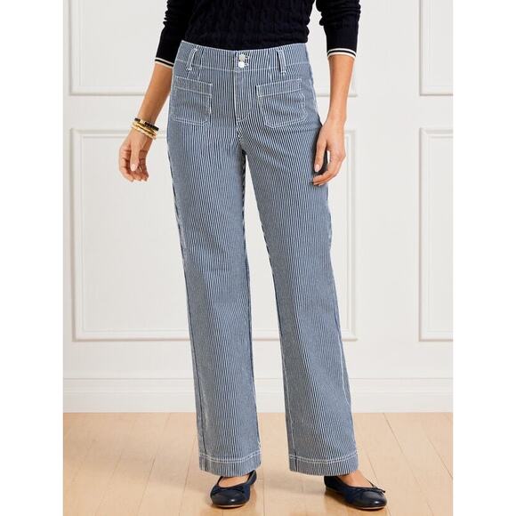 Talbots Women’s Jeans Trouser 10P Blue White Striped Train Wide Leg Seersucker - Picture 1 of 8